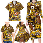 Hawthorn Hawks Family Matching Long Sleeve Bodycon Dress and Hawaiian Shirt Aboriginal Dot Pattern - Football Mascot Heritage Pride
