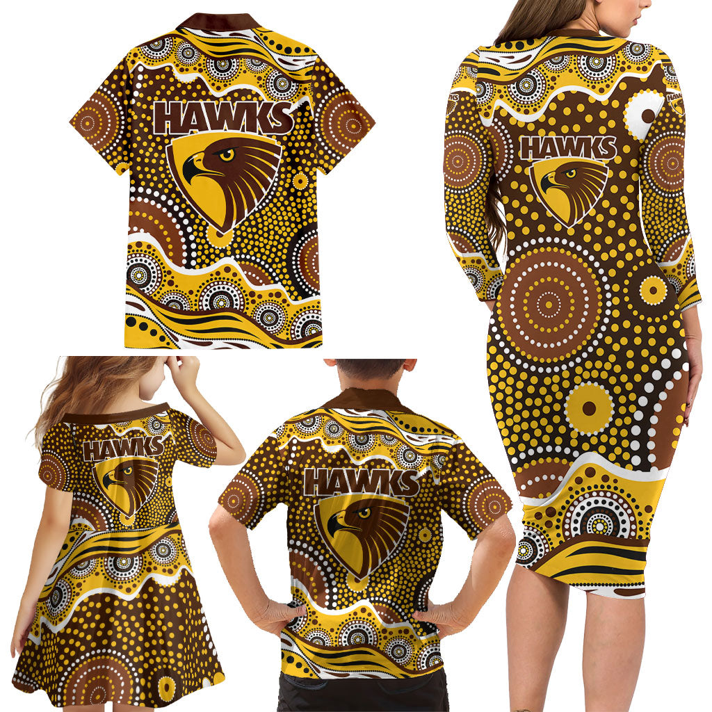 Hawthorn Hawks Family Matching Long Sleeve Bodycon Dress and Hawaiian Shirt Aboriginal Dot Pattern - Football Mascot Heritage Pride
