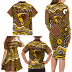 Hawthorn Hawks Family Matching Long Sleeve Bodycon Dress and Hawaiian Shirt Aboriginal Dot Pattern - Football Mascot Heritage Pride