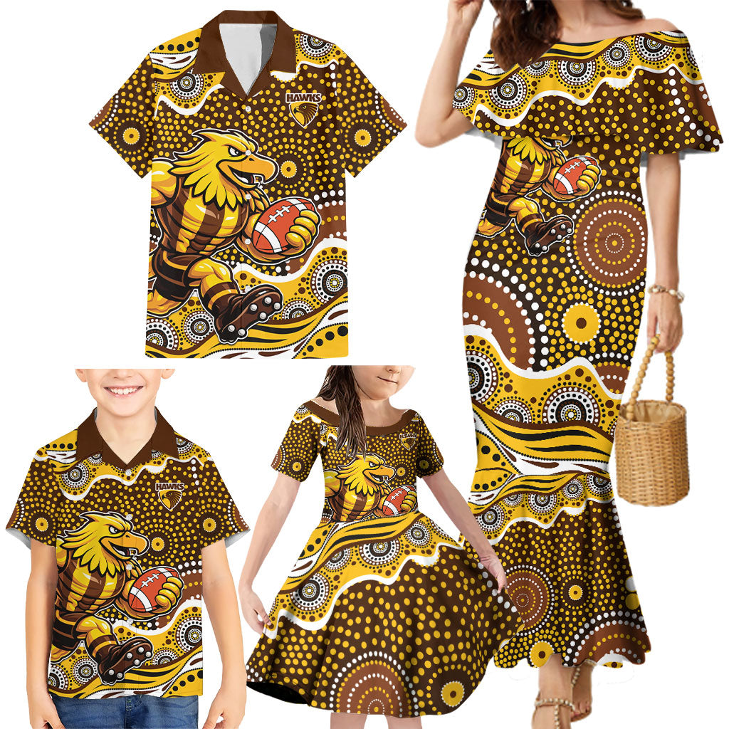 Hawthorn Hawks Family Matching Mermaid Dress and Hawaiian Shirt Aboriginal Dot Pattern - Football Mascot Heritage Pride