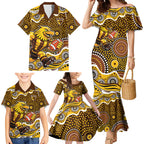 Hawthorn Hawks Family Matching Mermaid Dress and Hawaiian Shirt Aboriginal Dot Pattern - Football Mascot Heritage Pride