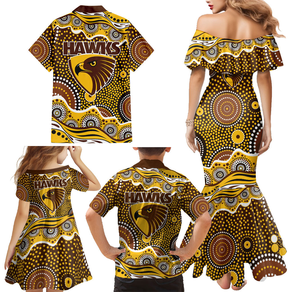 Hawthorn Hawks Family Matching Mermaid Dress and Hawaiian Shirt Aboriginal Dot Pattern - Football Mascot Heritage Pride