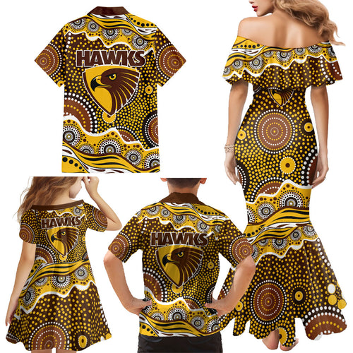 Hawthorn Hawks Family Matching Mermaid Dress and Hawaiian Shirt Aboriginal Dot Pattern - Football Mascot Heritage Pride