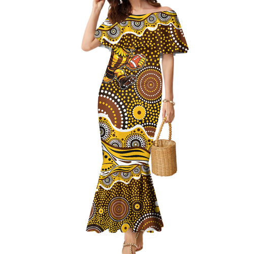 Hawthorn Hawks Family Matching Mermaid Dress and Hawaiian Shirt Aboriginal Dot Pattern - Football Mascot Heritage Pride
