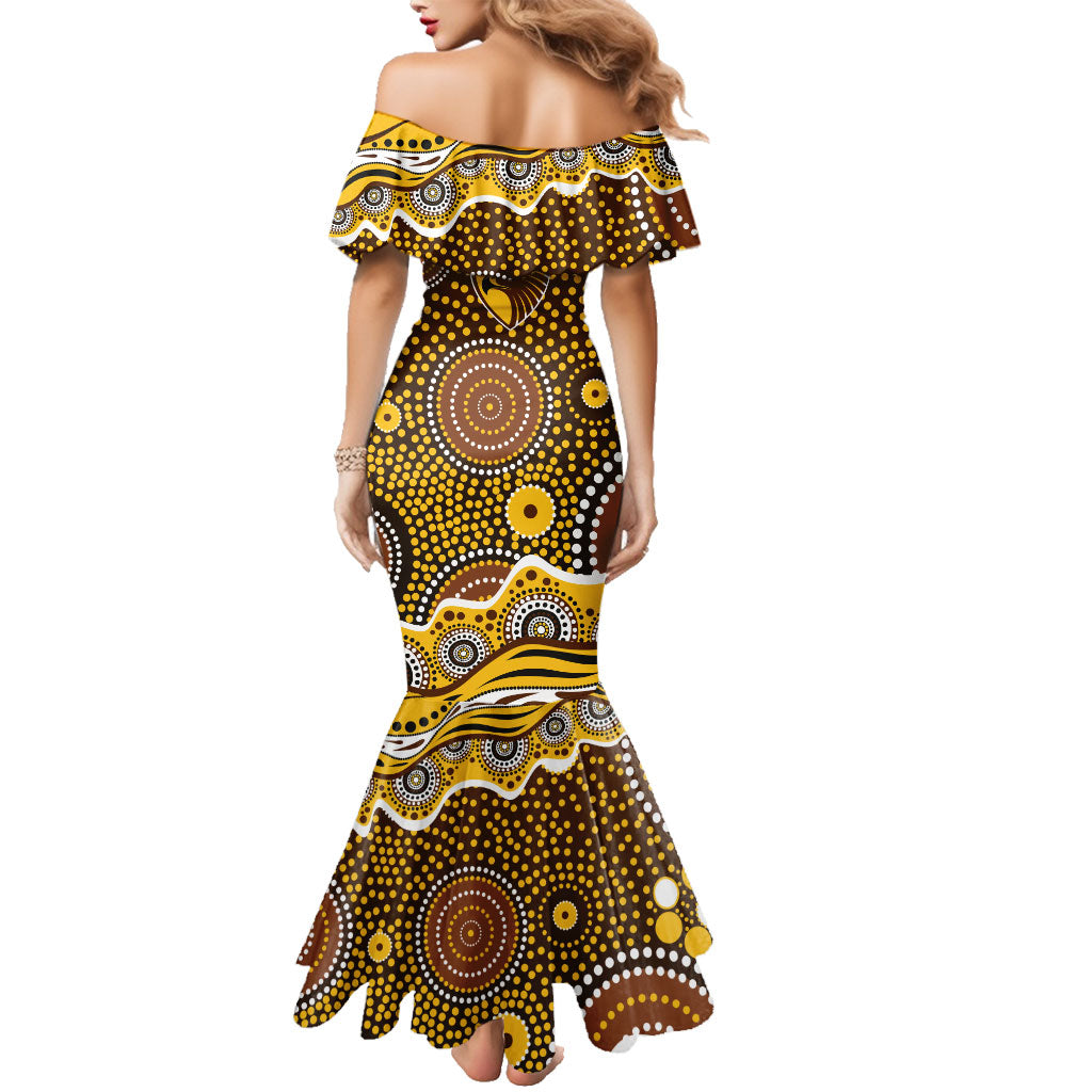 Hawthorn Hawks Family Matching Mermaid Dress and Hawaiian Shirt Aboriginal Dot Pattern - Football Mascot Heritage Pride