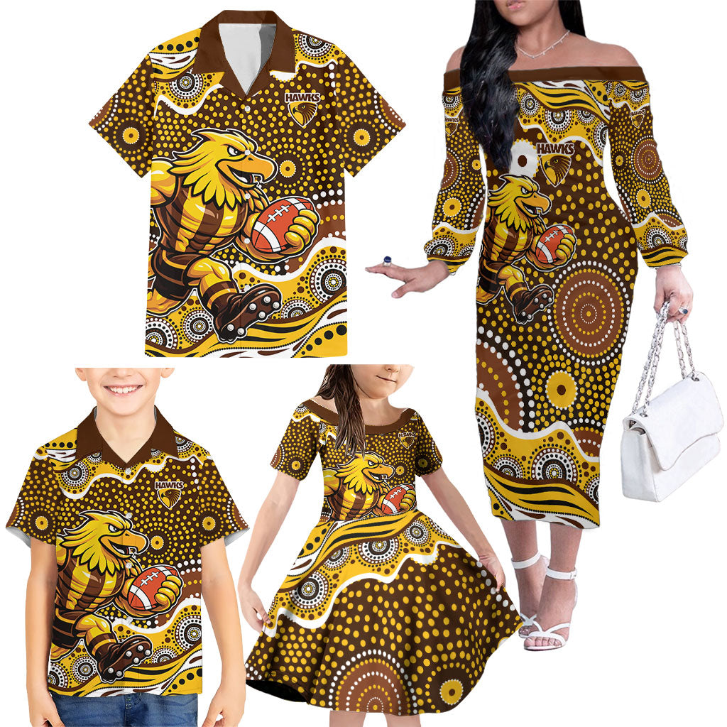 Hawthorn Hawks Family Matching Off The Shoulder Long Sleeve Dress and Hawaiian Shirt Aboriginal Dot Pattern - Football Mascot Heritage Pride