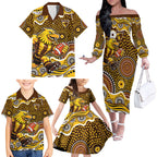 Hawthorn Hawks Family Matching Off The Shoulder Long Sleeve Dress and Hawaiian Shirt Aboriginal Dot Pattern - Football Mascot Heritage Pride