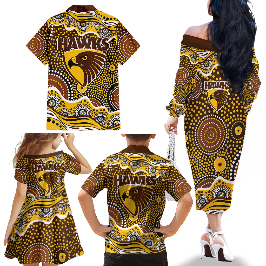 Hawthorn Hawks Family Matching Off The Shoulder Long Sleeve Dress and Hawaiian Shirt Aboriginal Dot Pattern - Football Mascot Heritage Pride