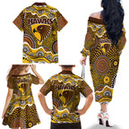 Hawthorn Hawks Family Matching Off The Shoulder Long Sleeve Dress and Hawaiian Shirt Aboriginal Dot Pattern - Football Mascot Heritage Pride