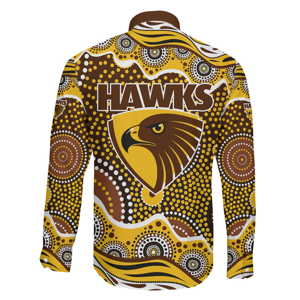 Hawthorn Hawks Family Matching Off The Shoulder Long Sleeve Dress and Hawaiian Shirt Aboriginal Dot Pattern - Football Mascot Heritage Pride