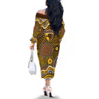 Hawthorn Hawks Family Matching Off The Shoulder Long Sleeve Dress and Hawaiian Shirt Aboriginal Dot Pattern - Football Mascot Heritage Pride