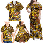 Hawthorn Hawks Family Matching Off Shoulder Maxi Dress and Hawaiian Shirt Aboriginal Dot Pattern - Football Mascot Heritage Pride