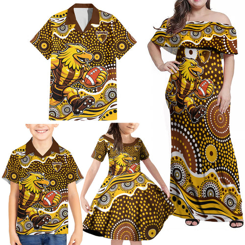 Hawthorn Hawks Family Matching Off Shoulder Maxi Dress and Hawaiian Shirt Aboriginal Dot Pattern - Football Mascot Heritage Pride