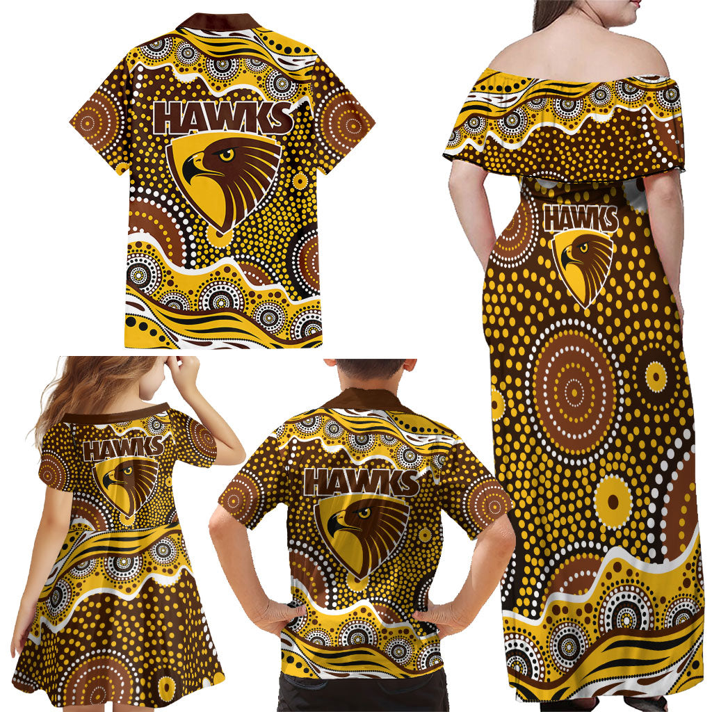 Hawthorn Hawks Family Matching Off Shoulder Maxi Dress and Hawaiian Shirt Aboriginal Dot Pattern - Football Mascot Heritage Pride