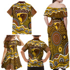 Hawthorn Hawks Family Matching Off Shoulder Maxi Dress and Hawaiian Shirt Aboriginal Dot Pattern - Football Mascot Heritage Pride