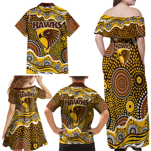 Hawthorn Hawks Family Matching Off Shoulder Maxi Dress and Hawaiian Shirt Aboriginal Dot Pattern - Football Mascot Heritage Pride