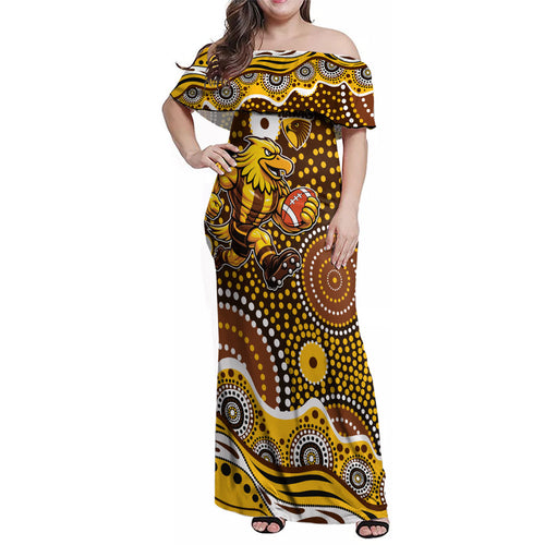 Hawthorn Hawks Family Matching Off Shoulder Maxi Dress and Hawaiian Shirt Aboriginal Dot Pattern - Football Mascot Heritage Pride