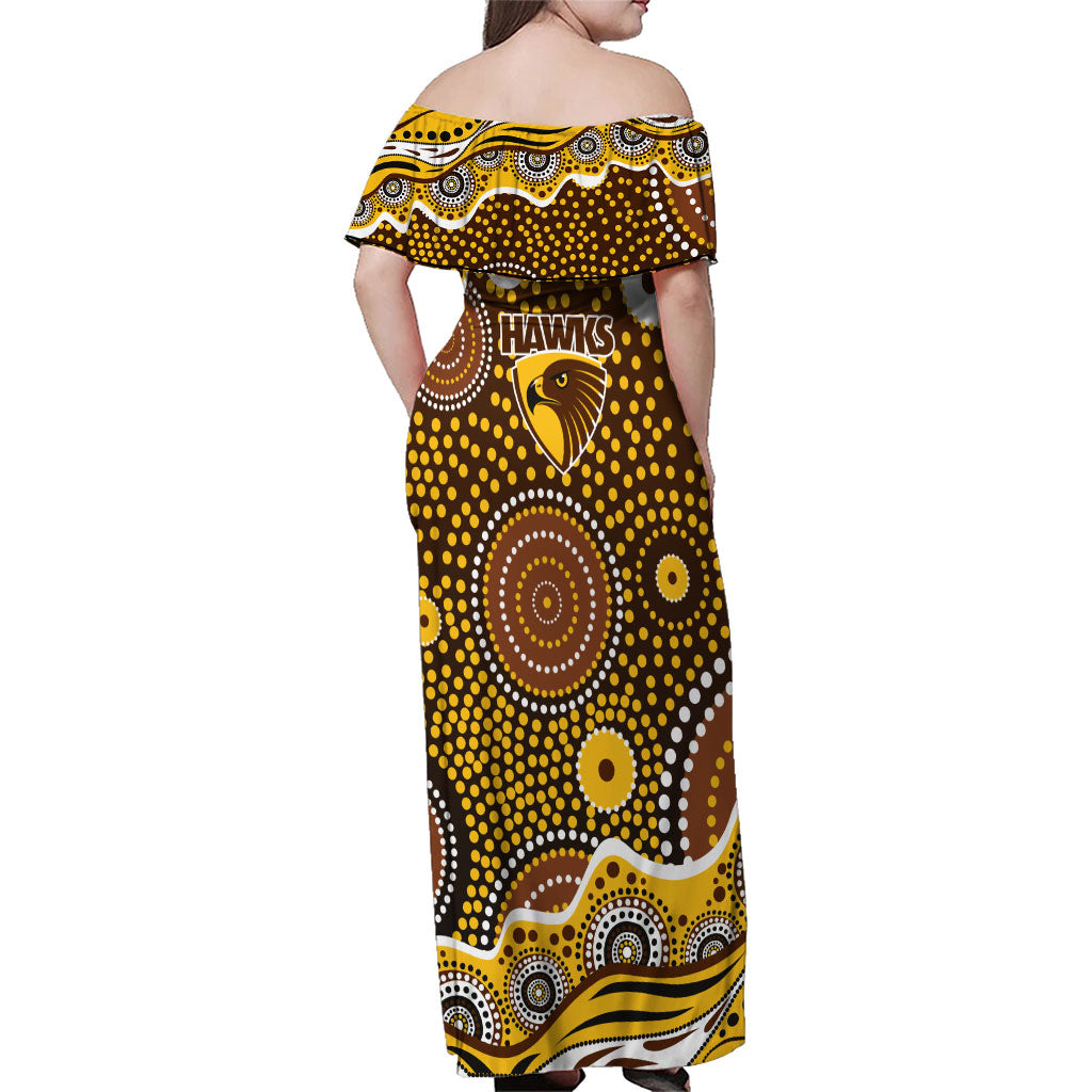 Hawthorn Hawks Family Matching Off Shoulder Maxi Dress and Hawaiian Shirt Aboriginal Dot Pattern - Football Mascot Heritage Pride