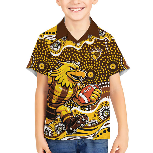 Hawthorn Hawks Family Matching Off Shoulder Maxi Dress and Hawaiian Shirt Aboriginal Dot Pattern - Football Mascot Heritage Pride