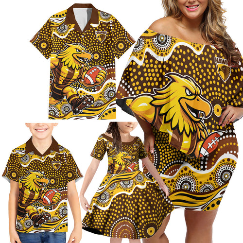 Hawthorn Hawks Family Matching Off Shoulder Short Dress and Hawaiian Shirt Aboriginal Dot Pattern - Football Mascot Heritage Pride