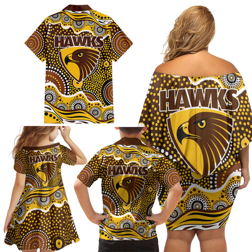 Hawthorn Hawks Family Matching Off Shoulder Short Dress and Hawaiian Shirt Aboriginal Dot Pattern - Football Mascot Heritage Pride