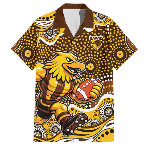 Hawthorn Hawks Family Matching Off Shoulder Short Dress and Hawaiian Shirt Aboriginal Dot Pattern - Football Mascot Heritage Pride
