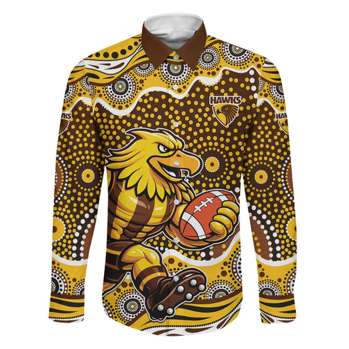 Hawthorn Hawks Family Matching Off Shoulder Short Dress and Hawaiian Shirt Aboriginal Dot Pattern - Football Mascot Heritage Pride