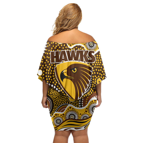 Hawthorn Hawks Family Matching Off Shoulder Short Dress and Hawaiian Shirt Aboriginal Dot Pattern - Football Mascot Heritage Pride