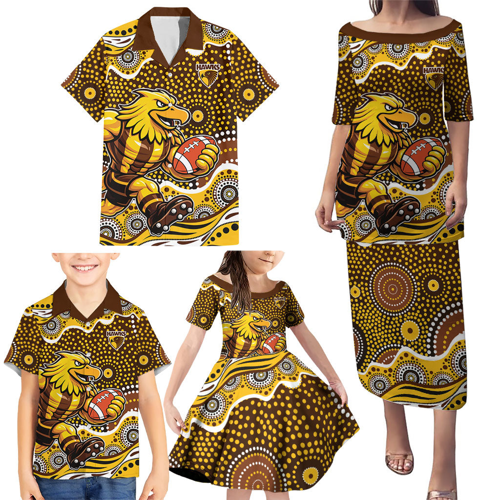Hawthorn Hawks Family Matching Puletasi and Hawaiian Shirt Aboriginal Dot Pattern - Football Mascot Heritage Pride