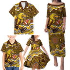 Hawthorn Hawks Family Matching Puletasi and Hawaiian Shirt Aboriginal Dot Pattern - Football Mascot Heritage Pride