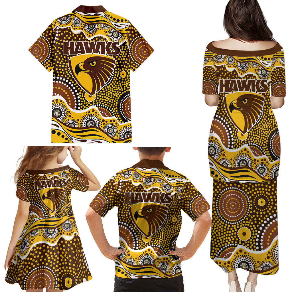 Hawthorn Hawks Family Matching Puletasi and Hawaiian Shirt Aboriginal Dot Pattern - Football Mascot Heritage Pride