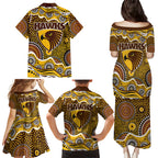 Hawthorn Hawks Family Matching Puletasi and Hawaiian Shirt Aboriginal Dot Pattern - Football Mascot Heritage Pride