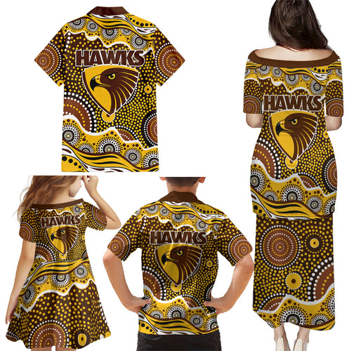 Hawthorn Hawks Family Matching Puletasi and Hawaiian Shirt Aboriginal Dot Pattern - Football Mascot Heritage Pride