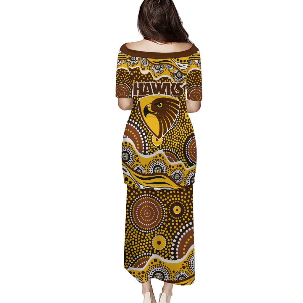 Hawthorn Hawks Family Matching Puletasi and Hawaiian Shirt Aboriginal Dot Pattern - Football Mascot Heritage Pride