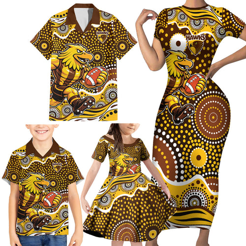 Hawthorn Hawks Family Matching Short Sleeve Bodycon Dress and Hawaiian Shirt Aboriginal Dot Pattern - Football Mascot Heritage Pride