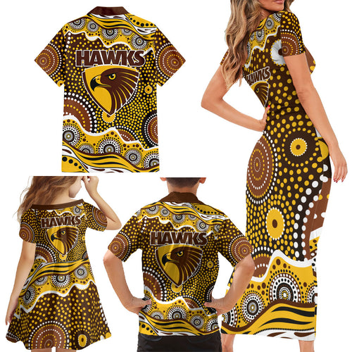 Hawthorn Hawks Family Matching Short Sleeve Bodycon Dress and Hawaiian Shirt Aboriginal Dot Pattern - Football Mascot Heritage Pride