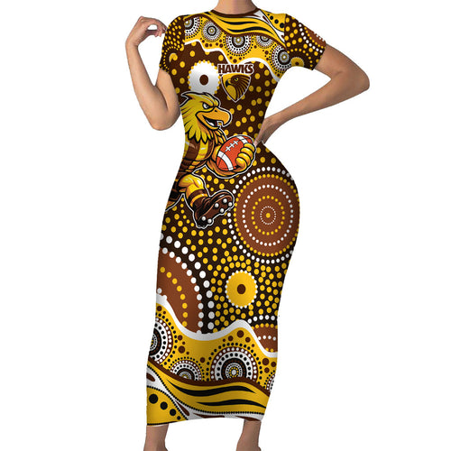 Hawthorn Hawks Family Matching Short Sleeve Bodycon Dress and Hawaiian Shirt Aboriginal Dot Pattern - Football Mascot Heritage Pride