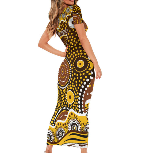 Hawthorn Hawks Family Matching Short Sleeve Bodycon Dress and Hawaiian Shirt Aboriginal Dot Pattern - Football Mascot Heritage Pride