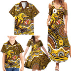 Hawthorn Hawks Family Matching Summer Maxi Dress and Hawaiian Shirt Aboriginal Dot Pattern - Football Mascot Heritage Pride