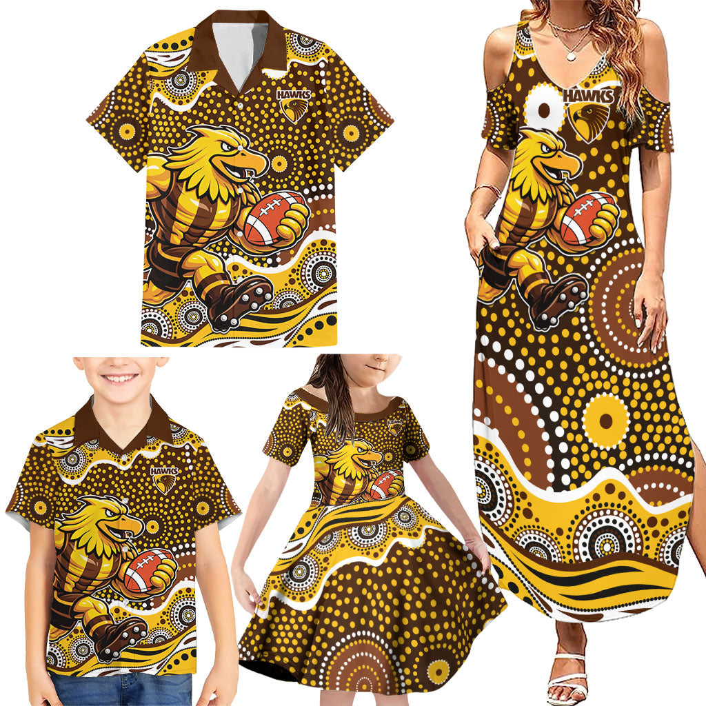 Hawthorn Hawks Family Matching Summer Maxi Dress and Hawaiian Shirt Aboriginal Dot Pattern - Football Mascot Heritage Pride