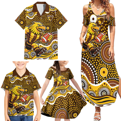 Hawthorn Hawks Family Matching Summer Maxi Dress and Hawaiian Shirt Aboriginal Dot Pattern - Football Mascot Heritage Pride