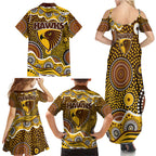 Hawthorn Hawks Family Matching Summer Maxi Dress and Hawaiian Shirt Aboriginal Dot Pattern - Football Mascot Heritage Pride
