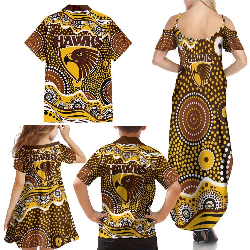 Hawthorn Hawks Family Matching Summer Maxi Dress and Hawaiian Shirt Aboriginal Dot Pattern - Football Mascot Heritage Pride