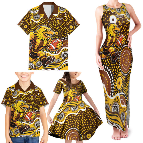 Hawthorn Hawks Family Matching Tank Maxi Dress and Hawaiian Shirt Aboriginal Dot Pattern - Football Mascot Heritage Pride
