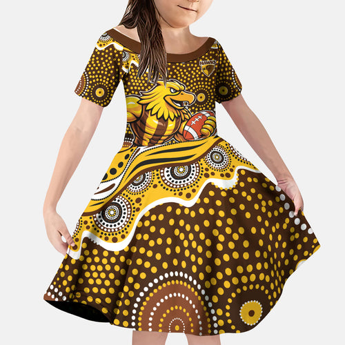 Hawthorn Hawks Kid Short Sleeve Dress Aboriginal Dot Pattern - Football Mascot Heritage Pride