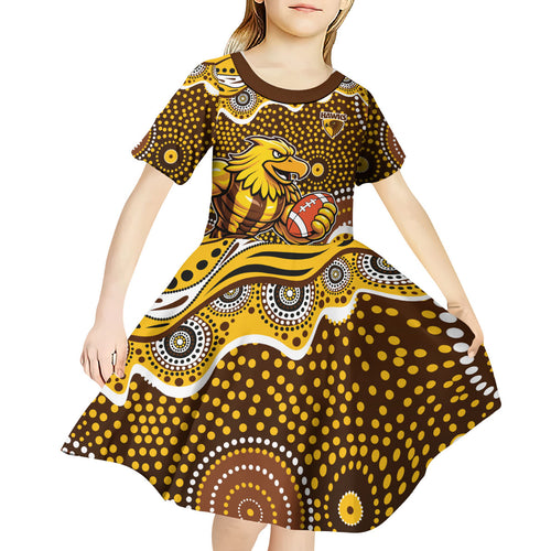 Hawthorn Hawks Kid Short Sleeve Dress Aboriginal Dot Pattern - Football Mascot Heritage Pride