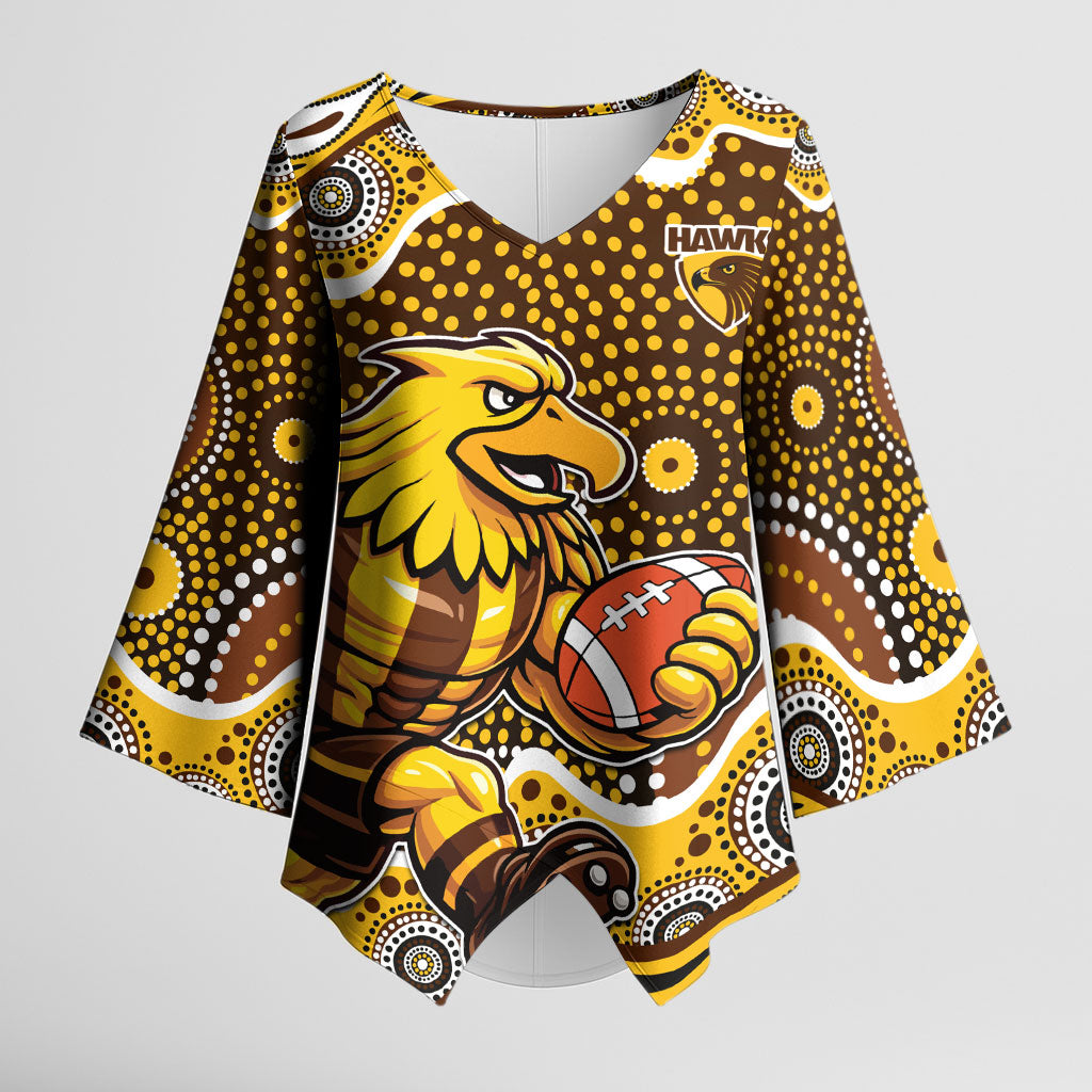 Hawthorn Hawks Kimono Sleeve Blouse Aboriginal Dot Pattern - Football Mascot Heritage Pride