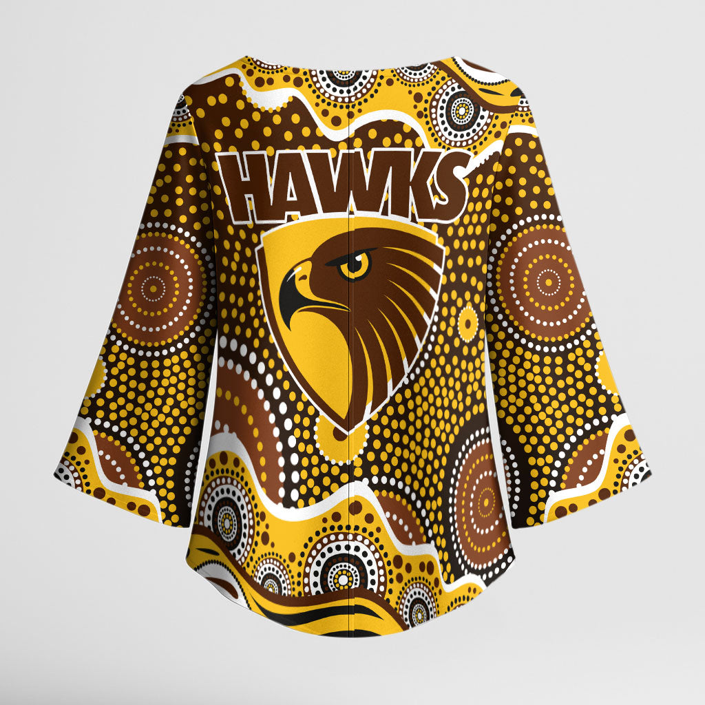 Hawthorn Hawks Kimono Sleeve Blouse Aboriginal Dot Pattern - Football Mascot Heritage Pride