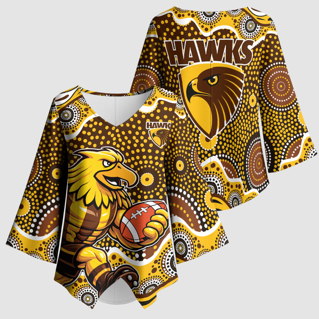 Hawthorn Hawks Kimono Sleeve Blouse Aboriginal Dot Pattern - Football Mascot Heritage Pride
