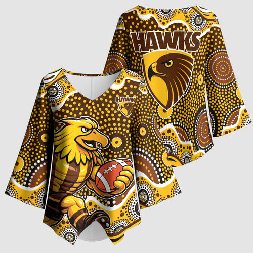 Hawthorn Hawks Kimono Sleeve Blouse Aboriginal Dot Pattern - Football Mascot Heritage Pride
